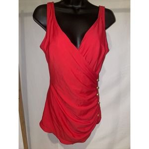 1970s 80s Red Swimsuit With gold Buttons pin up rockabilly sz L see Mes‎